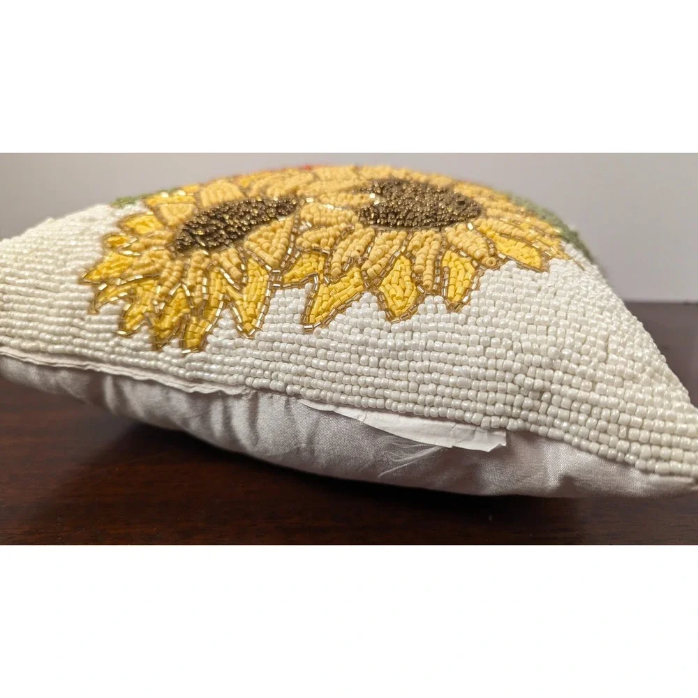 Beaded Pumpkin Sunflower Fall Harvest Throw Pillow White Autumn Decor 11" - Picture 5 of 6